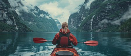 A woman in an outdoor jacket and lifejacket paddles through the serene fjords of Norway, with towering mountains and misty clouds in the background.の素材
