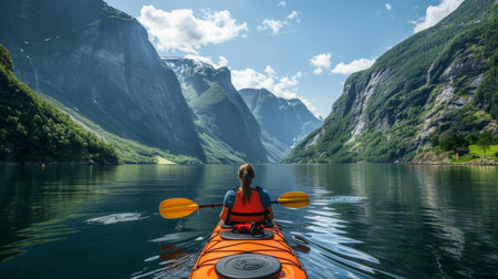 A woman enjoys kayaking in the serene waters of Norway's fjords, surrounded by majestic mountains and vibrant greenery on a clear day.の素材