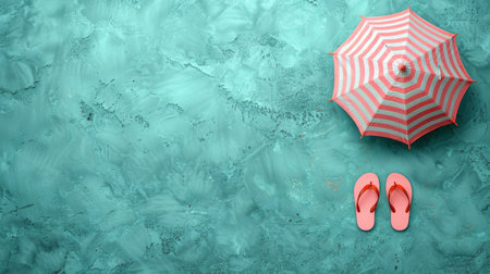 A perfect vacation setting features a pink striped umbrella alongside a pair of flip flops on a tranquil beach surface.の素材