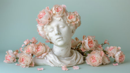 A marble head rests peacefully, draped in vibrant pink peonies, embodying tranquility and beauty.の素材