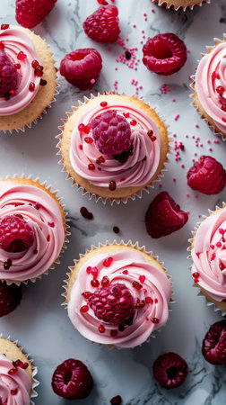 Cupcakes with pink frosting are arranged on a marble surface, garnished with fresh raspberries and red sprinkles, creating a delightful dessert display.の素材