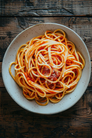 A bowl filled with spaghetti covered in savory tomato sauce sits on a rustic wooden table, inviting for a comforting meal any time of day.の素材