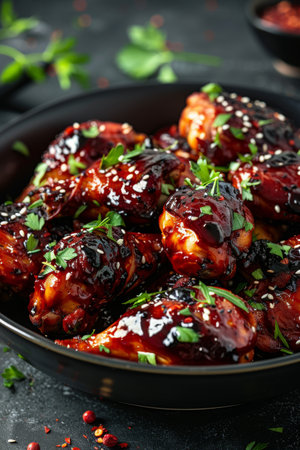 Juicy baked chicken drumsticks glazed with savory sauce, garnished with herbs, laid out on a sleek black surface ready to serve.の素材