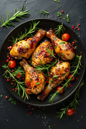 Five perfectly baked chicken drumsticks are garnished with herbs and cherry tomatoes, creating an appetizing display on a black plate.の素材