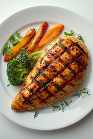 Grilled chicken fillet is garnished with herbs and accompanied by colorful steamed vegetables on a pristine white plate.の素材