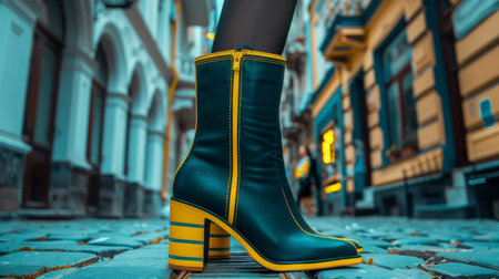 This high heel ankle boot showcases a striking black leather design complemented by golden heels and yellow accents, perfect for summer urban fashion.の素材