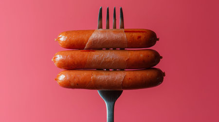Three perfectly cooked hot dog sausages are artistically wrapped in parchment and stacked on a fork, presented against a bold red backdrop. The composition highlights their delicious appeal.の素材
