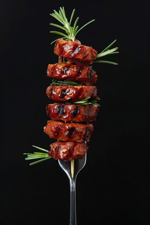 Sausages are elegantly arranged on a fork, each wrapped in fragrant rosemary, highlighting the blend of flavors against a sleek black backdrop in a professional setup.の素材