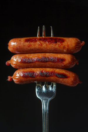 Three gourmet hot dog sausages are artfully arranged on a fork, highlighting their grilled perfection. The black background creates a striking contrast, emphasizing their deliciousness.の素材