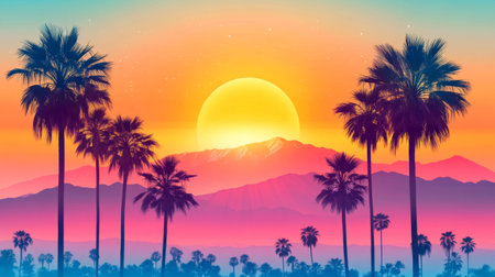 A stunning sunset paints the sky with pink and orange hues as the sun dips behind mountains, silhouetting palm trees in a serene tropical setting.の素材