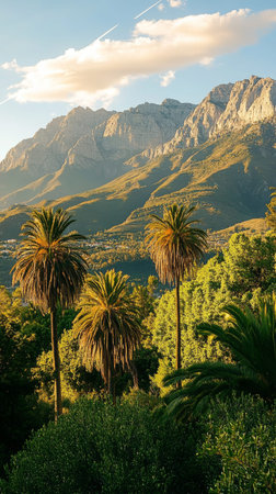 Towering mountains reflect the warm hues of sunset, while palm trees rise prominently in the foreground, creating a serene ambiance in a lush setting.の素材