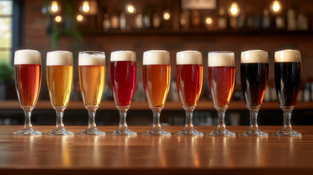 Different styles of craft beers are lined up on a wooden bar top, showcasing a range of colors and frothy heads in a warm, inviting brewery ambiance.の素材