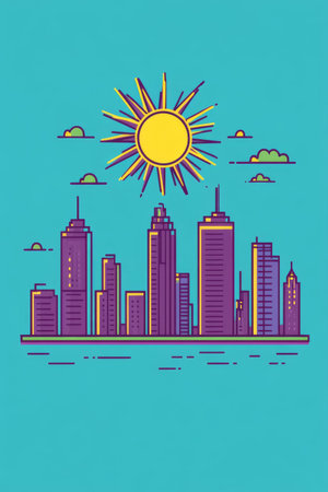 A lively skyline showcases tall buildings in purple hues under a bright sun and scattered clouds against a vivid blue sky, portraying a cheerful urban atmosphere.の素材