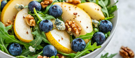 A fresh breakfast salad featuring arugula topped with sliced pears, blueberries, walnuts, and a sprinkle of cheese for a nutritious start to the day.の素材