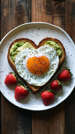 A delightful Valentine's Day breakfast showcases a heart-shaped slice of toast topped with smashed avocado and a perfectly fried egg in the center. Fresh strawberries accompany this loving meal.の素材