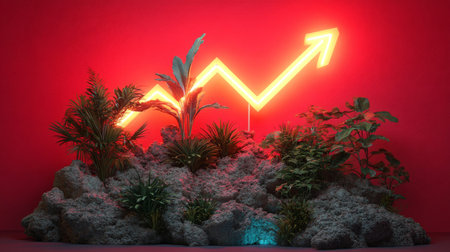 A captivating arrangement of lush tropical plants set against a bold red background, highlighting a glowing upward trend line that symbolizes growth and success.の素材