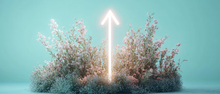 A bright arrow made of light rises from a lush display of colorful flowers against a soft blue backdrop, evoking feelings of inspiration and growth.の素材