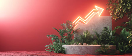 Lush greenery occupies a stylish planter against a striking red wall, highlighted by a neon arrow symbolizing growth and progress in this modern indoor space.の素材