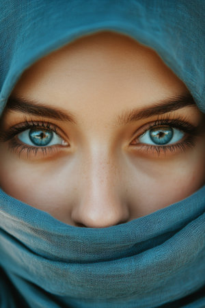 A stunning young woman of Eastern origin gazes directly at the viewer, her blue hijab gracefully framing her face and accentuating her striking features and vibrant eyes.の素材