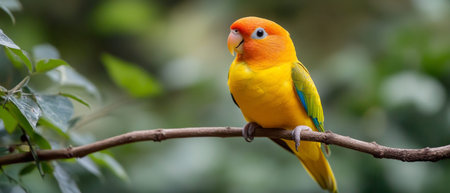 A colorful yellow parrot sits gracefully on a branch, surrounded by rich green foliage in a peaceful forest, showcasing its stunning feathers.の素材
