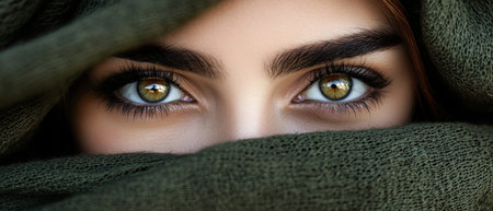An Arab woman in a green hijab gazes directly at the viewer, her captivating green eyes glimmering with emotion. The soft fabric frames her face beautifully.の素材