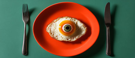 An orange plate holds a fried egg with a bright yolk and a realistic eyeball, arranged alongside a fork and knife, offering a playful Halloween culinary idea.の素材