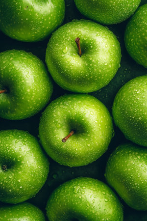 A close-up view captures the freshness of green apples resting together, glistening with dew. Their bright color and texture invite a sense of natural vitality.の素材