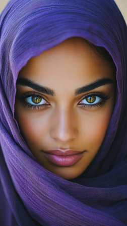 A close-up of an Arab woman with large hazel-green eyes and subtle lips. The hijab elegantly frames her face, with natural light enhancing her warm features and creating depth.の素材
