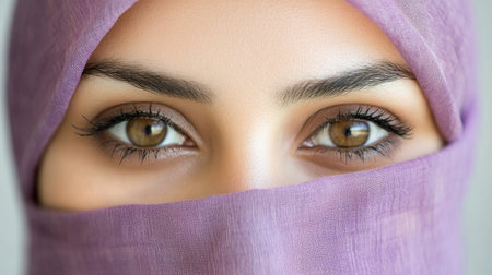An Arab woman with striking hazel-green eyes is partially concealed by her purple hijab. The soft daylight accentuates her warm features against a neutral backdrop.の素材