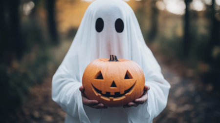 A person in a white ghost costume stands outdoors, holding a carved pumpkin with a playful expression. The soft light enhances the Halloween atmosphere surrounded by trees.の素材