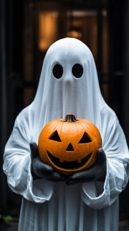 A person dressed in a flowing white ghost costume stands outdoors, holding a grinning carved pumpkin, ready to celebrate Halloween with a festive spirit.の素材