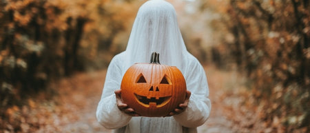Dressed in a flowing white ghost costume, an individual holds a carved pumpkin in an outdoor setting filled with autumn colors, perfectly capturing the Halloween spirit.の素材