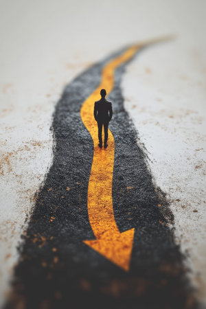 A man stands atop a yellow upward-pointing arrow, observing a curving path filled with arrows that rise as he prepares for his next journey on a light backdrop.の素材