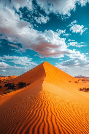 Explore the stunning golden sand dunes that stretch endlessly under a vibrant blue sky, showcasing the serene beauty of the vast desert and its intricate patterns.の素材