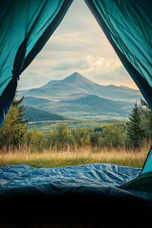 Looking out from the inviting interior of a green camping tent, the breathtaking mountain range unfolds in the summer landscape. A perfect escape into nature.の素材