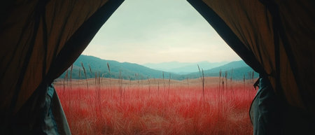 A peaceful view unfolds from the entrance of a camping tent, revealing vibrant red grass and majestic mountains in the background, capturing the essence of nature.の素材