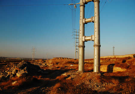 a electrical wire tower and the blue skyの写真素材