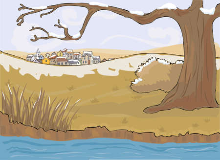 village between autumn season and winterのイラスト素材