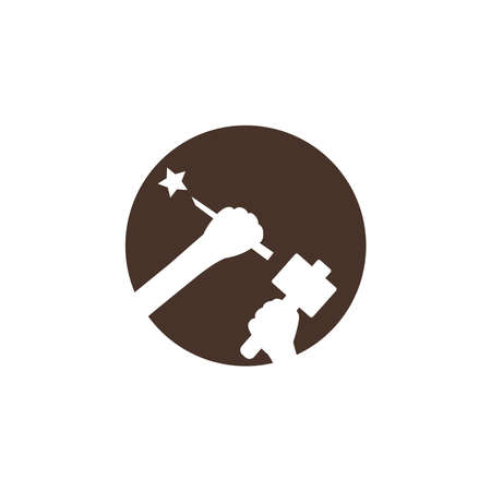 Woodcarving logotype Illustration with hand holding the chisel and hammer icon. Vintage style logo, engraving logo. Wood engraver logo designのイラスト素材