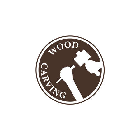 Woodcarving logotype Illustration with hand holding the chisel and hammer icon. Vintage style logo, engraving logo. Wood engraver logo designのイラスト素材
