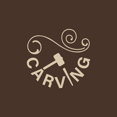 Woodcarving logotype Illustration with a chisel and hammer icon. Vintage style logo, engraving logo. Wood engraver logo designのイラスト素材