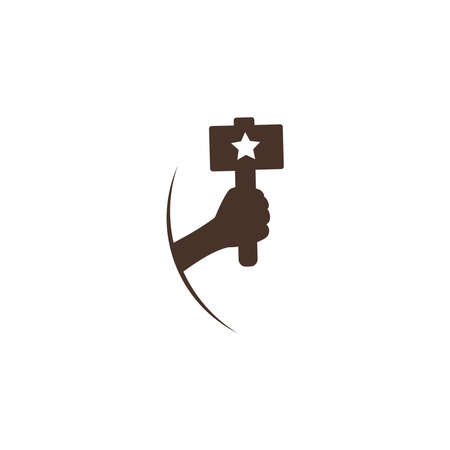 Woodcarving logotype Illustration with hand holding hammer icon. Vintage style logo, engraving logo. Wood engraver logo designのイラスト素材