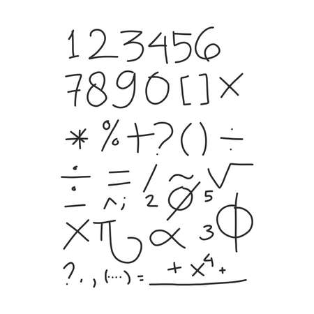 Hand drawn numbers vector with mathematical symbol isolated on white background sketch styleのイラスト素材