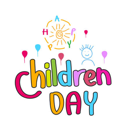 Happy Children's Day greeting card. Doodle letters on white background with child style. Vector illustrationのイラスト素材