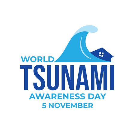 World Tsunami Awareness Day, 5 November. High tide waves conceptual illustration vector. visible from the seashore and marine lifeのイラスト素材