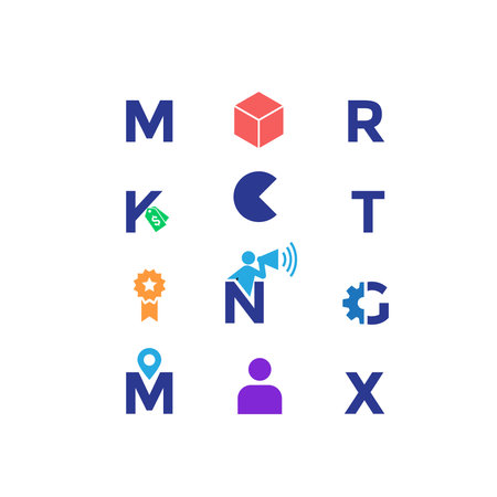 Marketing mix 7P banner web icon for business and marketing, price, place, promotion, product, people and physical environment. Minimal vector infographic.のイラスト素材