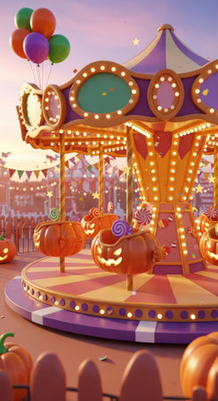 A whimsical Halloween-themed carousel features glowing jack-o'-lantern pumpkin seats filled with colorful lollipops, set amidst festive lights and balloons under a twilight sky.の素材