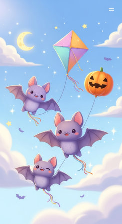 Three cute purple bats fly in a whimsical, pastel blue sky, tethered by strings to a colorful kite and a cheerful jack-o'-lantern balloon, surrounded by twinkling stars, fluffy clouds, and a crescentの素材