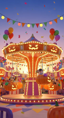 A whimsical 3D rendering of a Halloween-themed carousel adorned with glowing jack-o'-lantern seats and colorful lights, set against a twilight sky with confetti and balloons.の素材