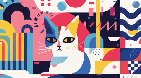 A vibrant, modern abstract illustration featuring a stylized cat portrait composed of bold geometric shapes and primary colors set against a dynamic background pattern.の素材